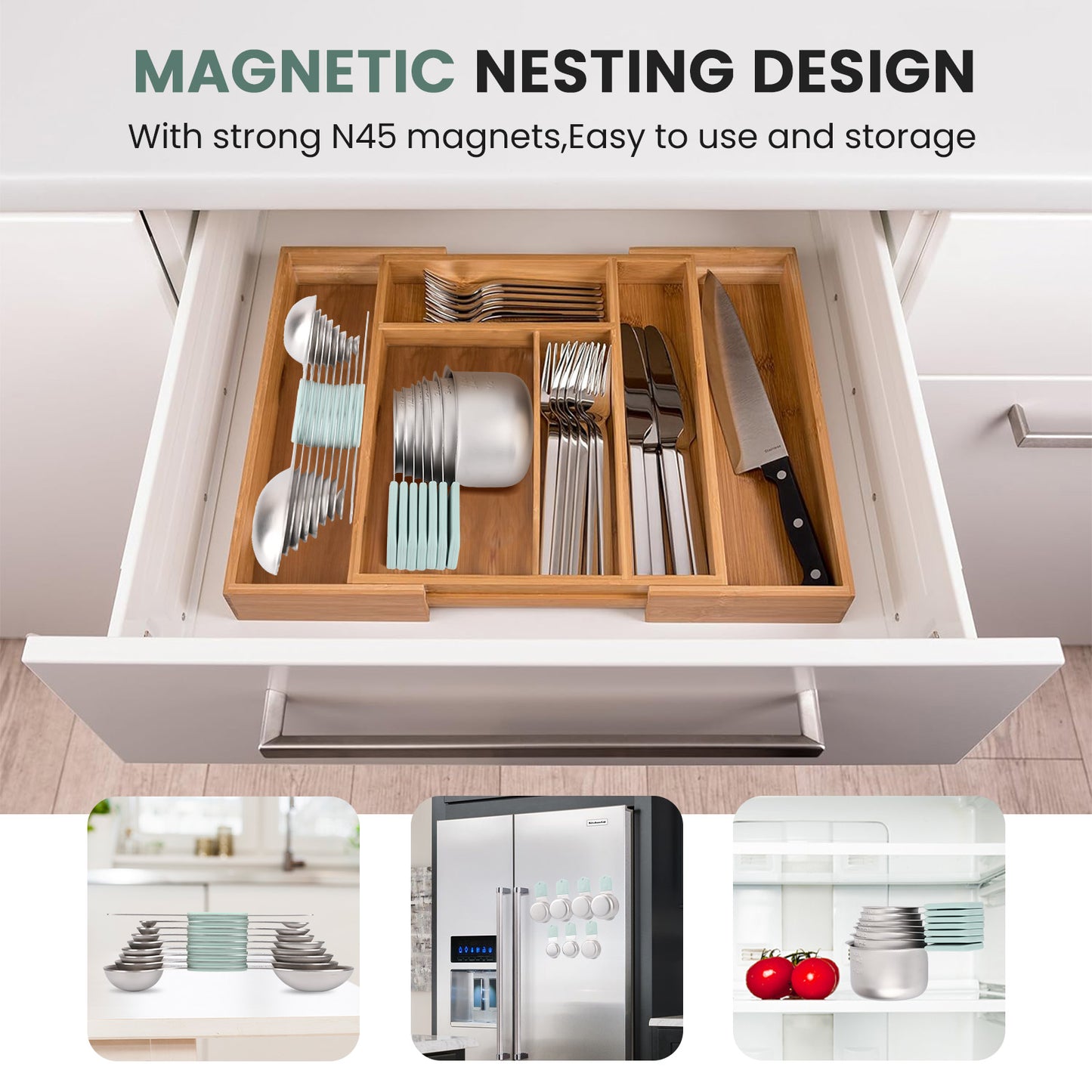 Magnetic measuring cup and spoon set - heavy-duty 304 stainless steel, dual measuring markers, 16 piece set with level for measuring dry and liquid composition(Mint)