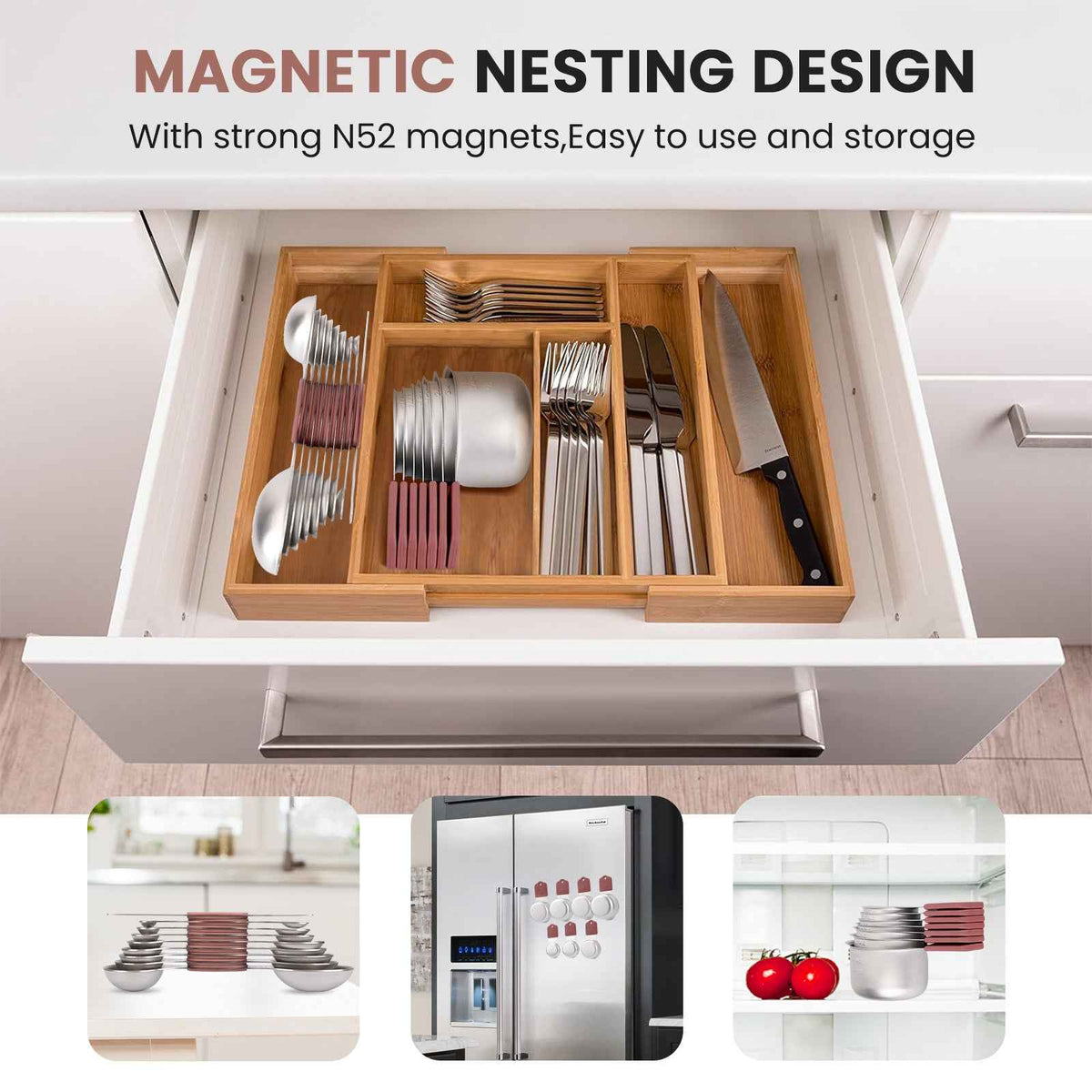Magnetic Measuring Cups and Spoons Set-Heavy Duty 304 Stainless Steel Double Measurement Markings,BPA-Free,Set of 16 with Leveler for Measuring Dry and Liquid Ingredients(Mocha Brown)
