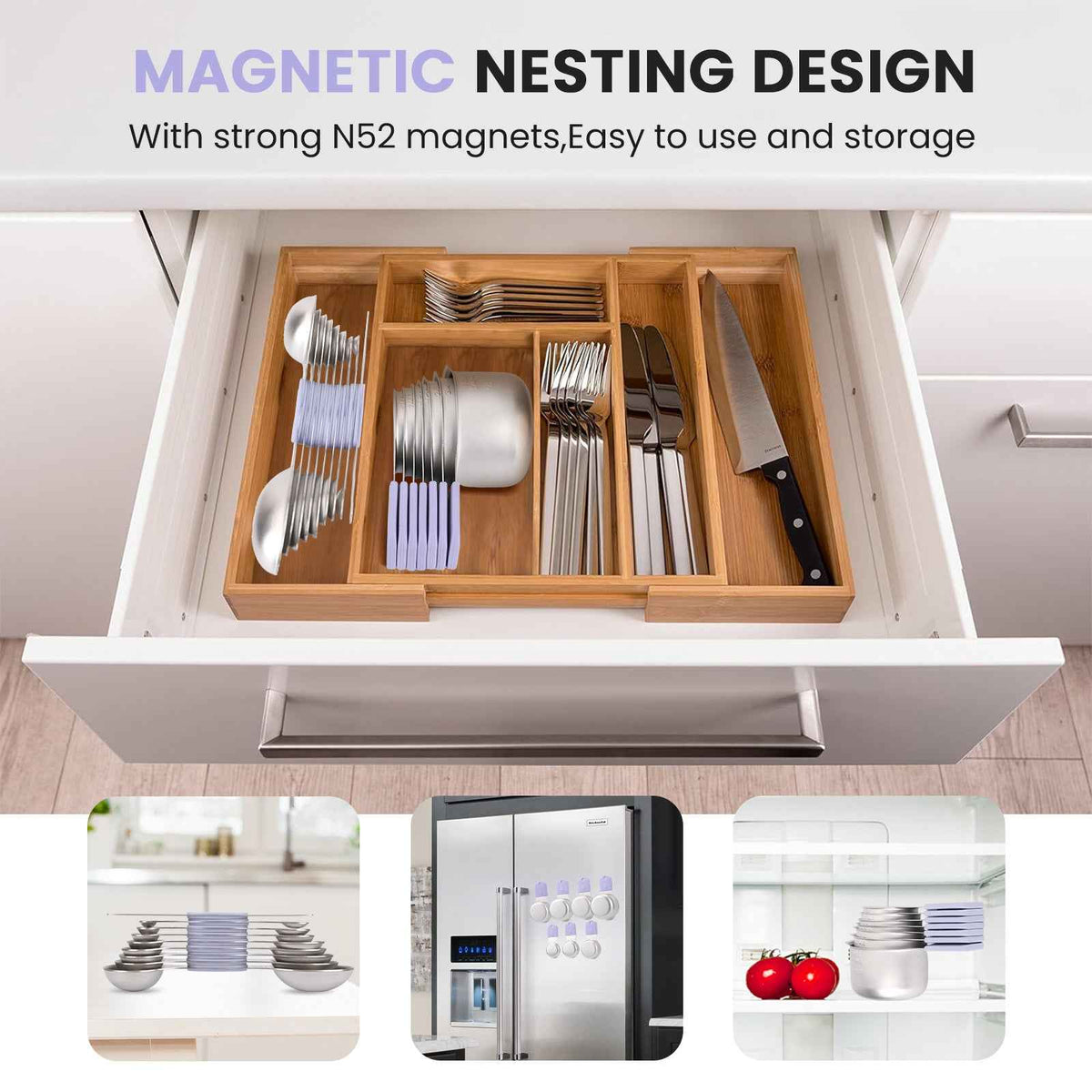 Magnetic Measuring Cups and Spoons Set-Heavy Duty 304 Stainless Steel Double Measurement Markings,BPA-Free,Set of 16 with Leveler for Measuring Dry and Liquid Ingredients(Lavender)