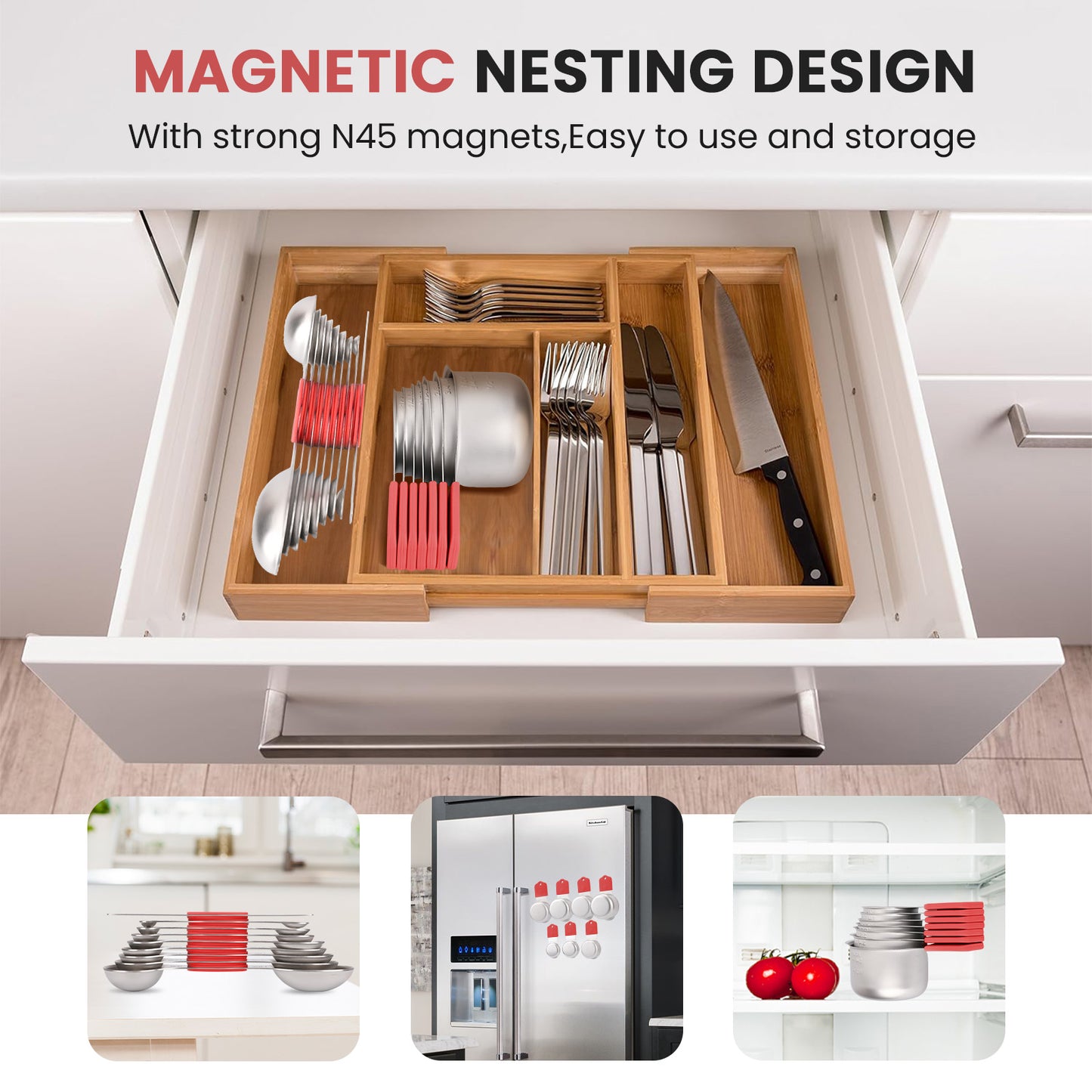 Magnetic measuring cup and spoon set - heavy-duty 304 stainless steel, dual measuring markers, 16 piece set with level for measuring dry and liquid composition(Red)