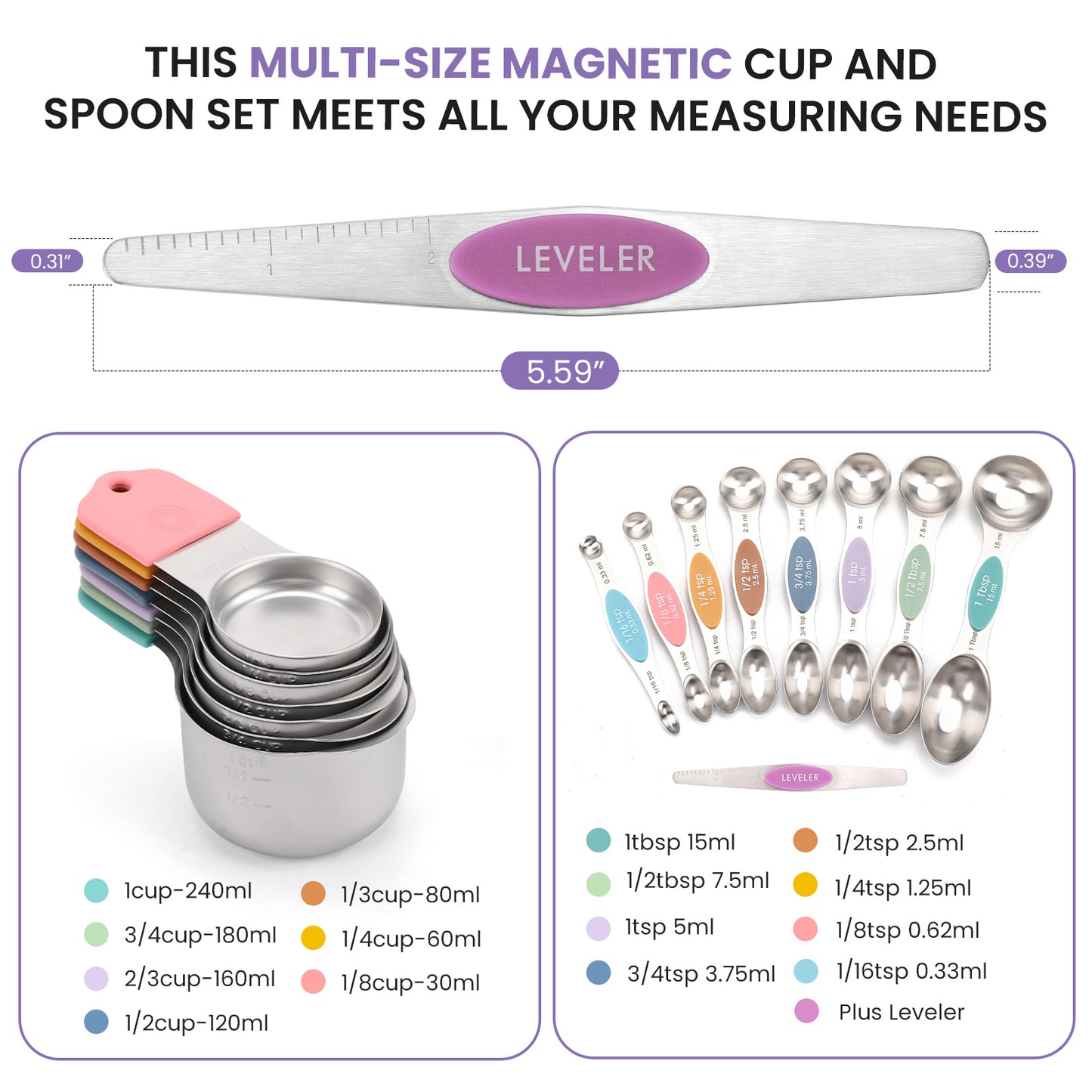 Magnetic measuring cup and spoon set - heavy-duty 304 stainless steel, dual measuring markers, 16 piece set with level for measuring dry and liquid composition(Colorful)