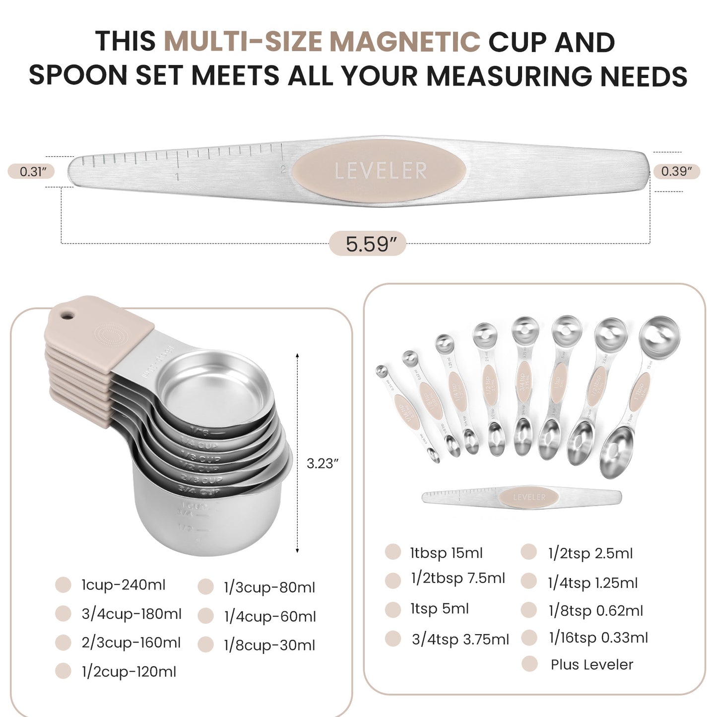 Magnetic measuring cup and spoon set - heavy-duty 304 stainless steel, dual measuring markers, 16 piece set with level for measuring dry and liquid composition(khaki)