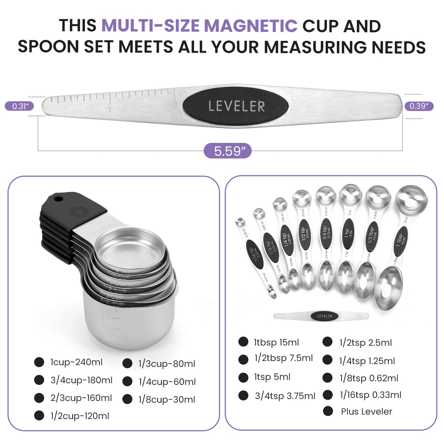 Magnetic measuring cup and spoon set - heavy-duty 304 stainless steel, dual measuring markers, 16 piece set with level for measuring dry and liquid composition(Black)