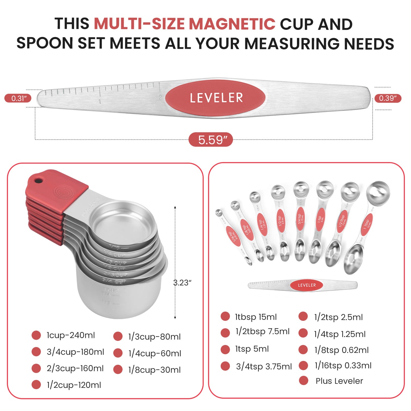 Magnetic measuring cup and spoon set - heavy-duty 304 stainless steel, dual measuring markers, 16 piece set with level for measuring dry and liquid composition(Red)