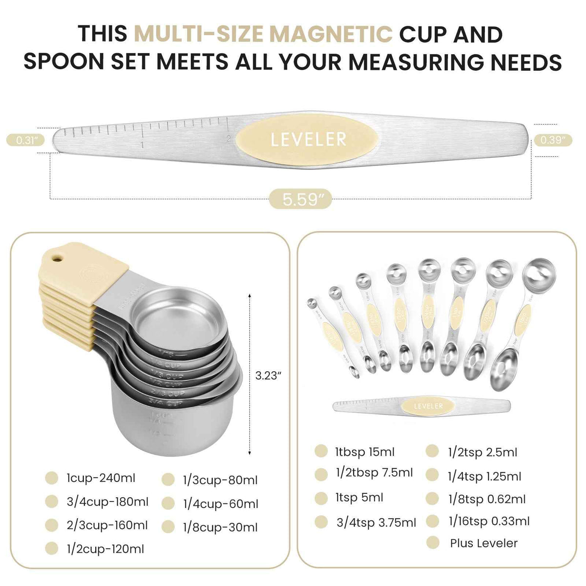 Magnetic Measuring Cups and Spoons Set-Heavy Duty 304 Stainless Steel Double Measurement Markings,BPA-Free,Set of 16 with Leveler for Measuring Dry and Liquid Ingredients(Cocoon)