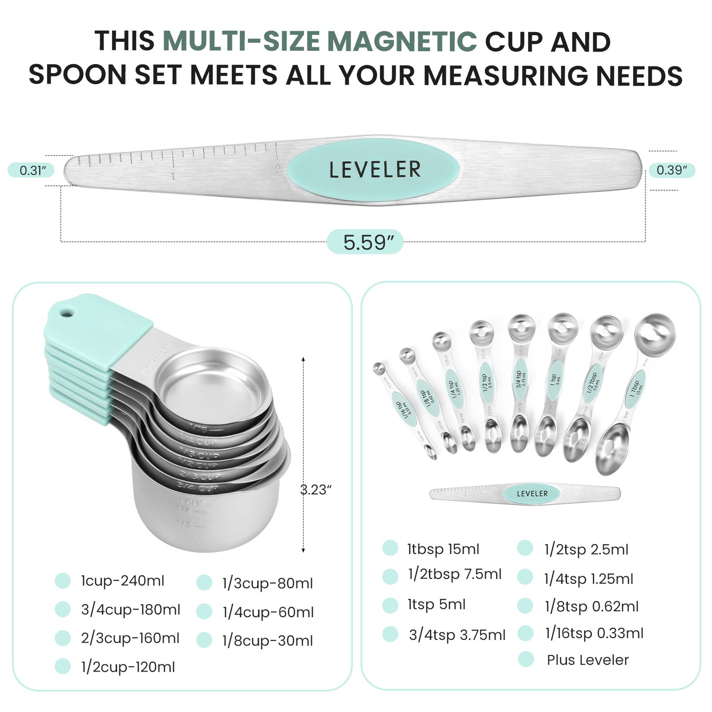 Magnetic measuring cup and spoon set - heavy-duty 304 stainless steel, dual measuring markers, 16 piece set with level for measuring dry and liquid composition(Mint)