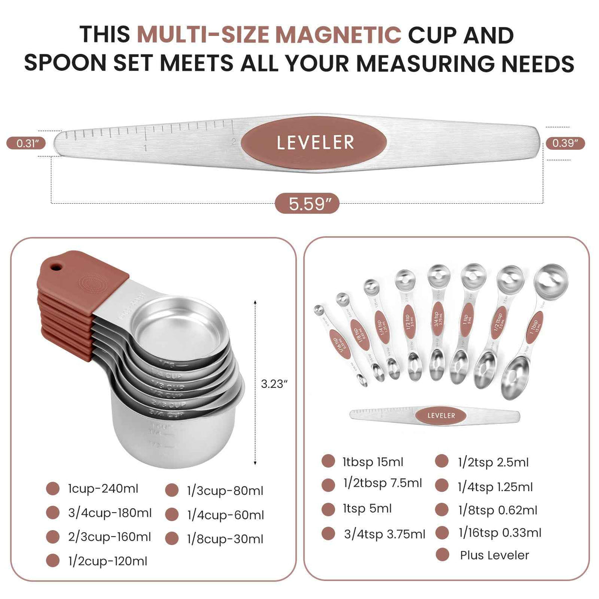 Magnetic Measuring Cups and Spoons Set-Heavy Duty 304 Stainless Steel Double Measurement Markings,BPA-Free,Set of 16 with Leveler for Measuring Dry and Liquid Ingredients(Mocha Brown)