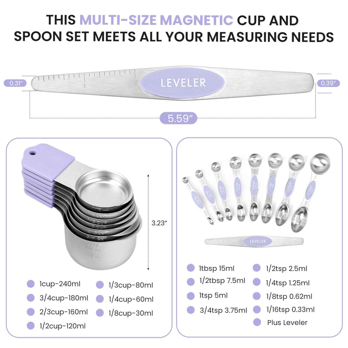 Magnetic Measuring Cups and Spoons Set-Heavy Duty 304 Stainless Steel Double Measurement Markings,BPA-Free,Set of 16 with Leveler for Measuring Dry and Liquid Ingredients(Lavender)