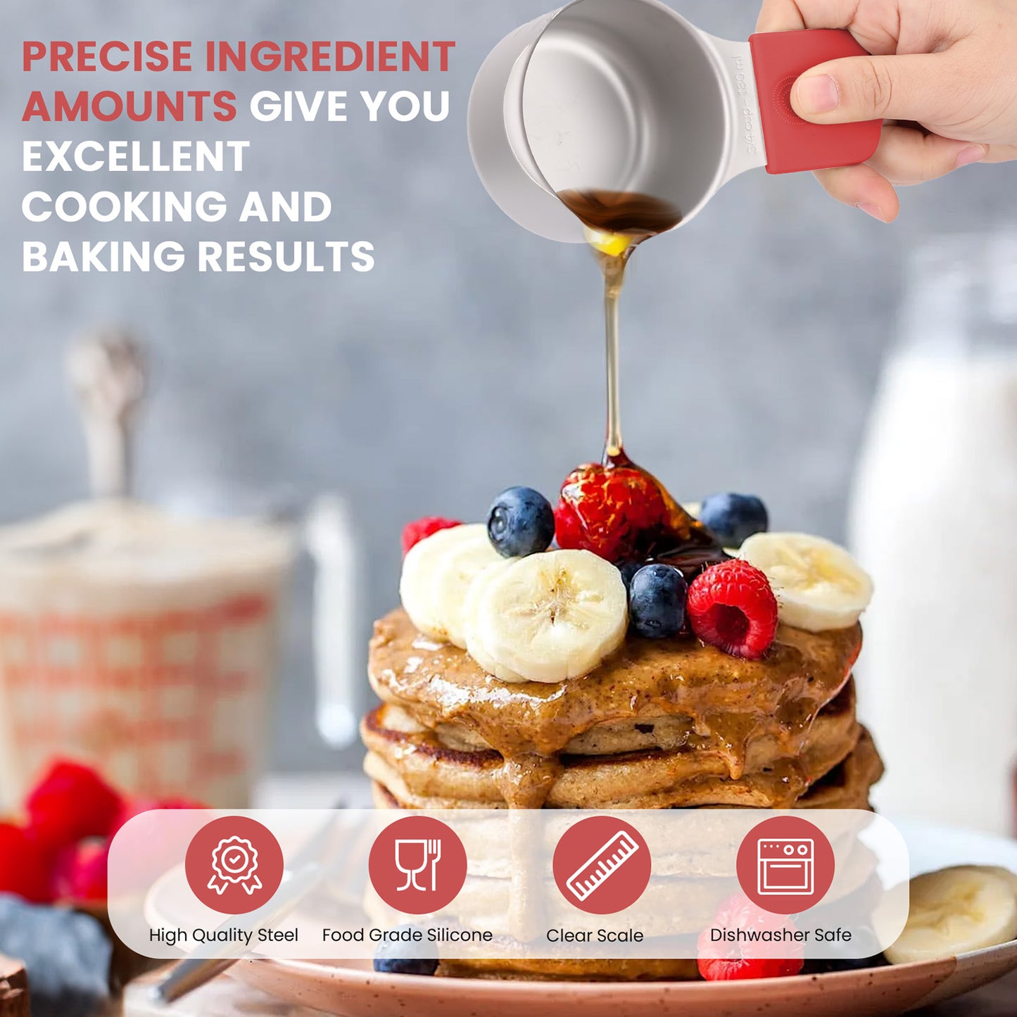 Magnetic measuring cup and spoon set - heavy-duty 304 stainless steel, dual measuring markers, 16 piece set with level for measuring dry and liquid composition(Red)