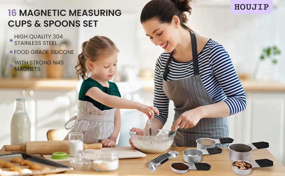 Magnetic measuring cup and spoon set - heavy-duty 304 stainless steel, dual measuring markers, 16 piece set with level for measuring dry and liquid composition(Black)