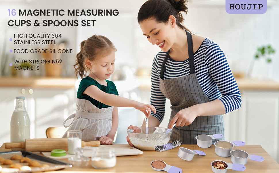 Magnetic Measuring Cups and Spoons Set-Heavy Duty 304 Stainless Steel Double Measurement Markings,BPA-Free,Set of 16 with Leveler for Measuring Dry and Liquid Ingredients(Lavender)