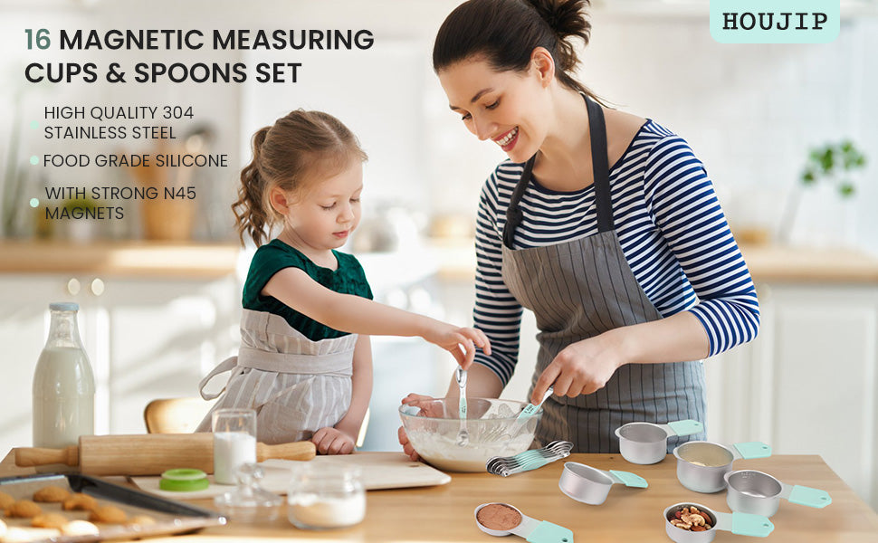 Magnetic measuring cup and spoon set - heavy-duty 304 stainless steel, dual measuring markers, 16 piece set with level for measuring dry and liquid composition(Mint)