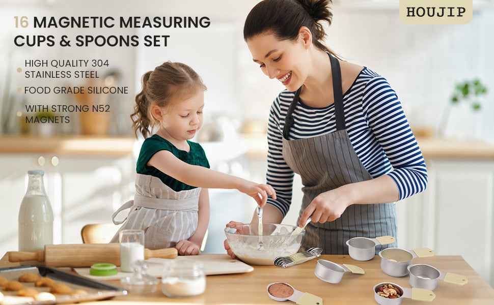 Magnetic Measuring Cups and Spoons Set-Heavy Duty 304 Stainless Steel Double Measurement Markings,BPA-Free,Set of 16 with Leveler for Measuring Dry and Liquid Ingredients(Cocoon)