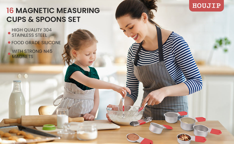 Magnetic measuring cup and spoon set - heavy-duty 304 stainless steel, dual measuring markers, 16 piece set with level for measuring dry and liquid composition(Red)