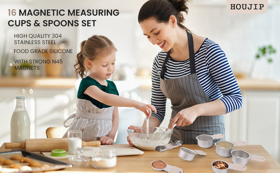 Magnetic measuring cup and spoon set - heavy-duty 304 stainless steel, dual measuring markers, 16 piece set with level for measuring dry and liquid composition(khaki)