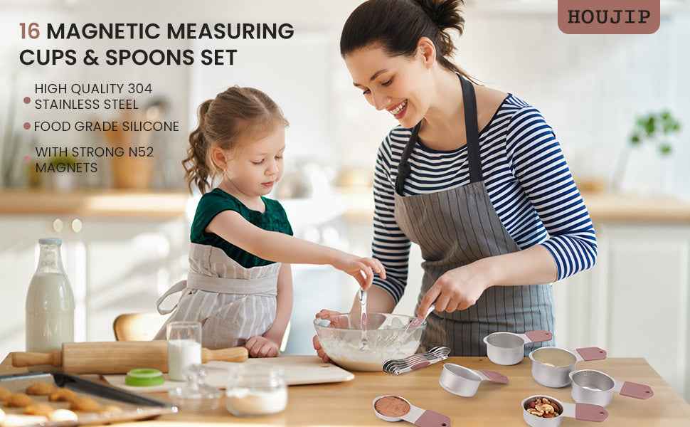 Magnetic Measuring Cups and Spoons Set-Heavy Duty 304 Stainless Steel Double Measurement Markings,BPA-Free,Set of 16 with Leveler for Measuring Dry and Liquid Ingredients(Mocha Brown)