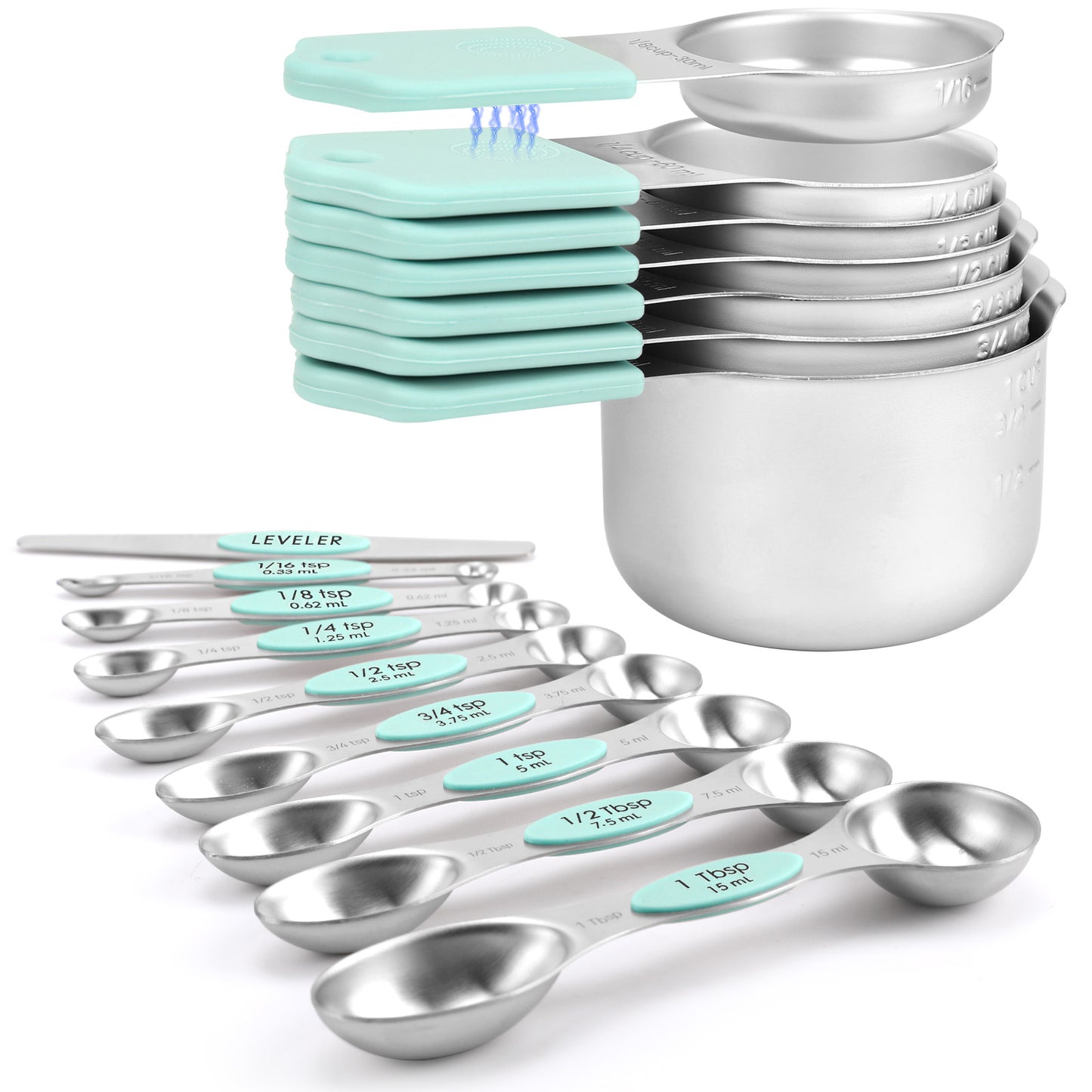 Magnetic measuring cup and spoon set - heavy-duty 304 stainless steel, dual measuring markers, 16 piece set with level for measuring dry and liquid composition(Mint)