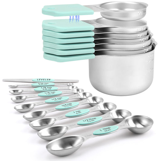 Magnetic measuring cup and spoon set - heavy-duty 304 stainless steel, dual measuring markers, 16 piece set with level for measuring dry and liquid composition(Mint)