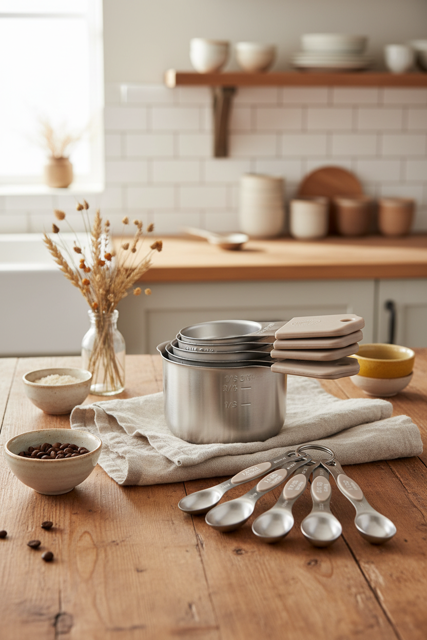 Khaki beige magnetic measuring cups and spoons set on warm wood kitchen countertop