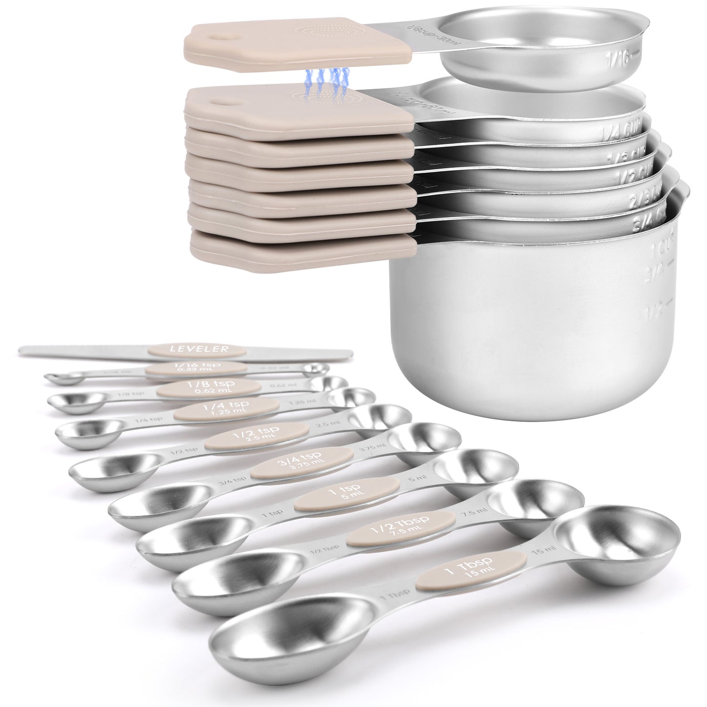 Magnetic measuring cup and spoon set - heavy-duty 304 stainless steel, dual measuring markers, 16 piece set with level for measuring dry and liquid composition(khaki)